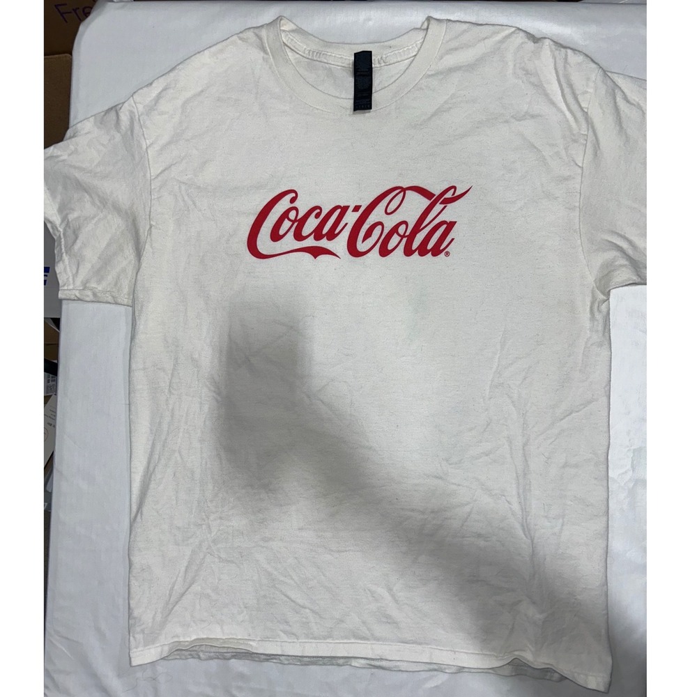 Coca-Cola Graphic T-Shirt Womens Large White Red Script Logo Gildan Cotton Tee